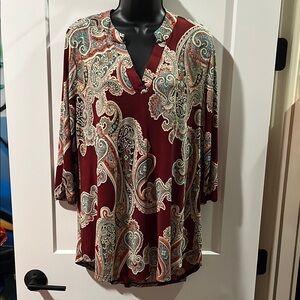 Honeyme Reddish Burgundy Paisley V-Neck Blouse
